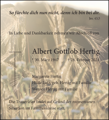 Traueranzeige von Albert Gottlob Hertig von Stuttgarter Zeitung / Stuttgarter Nachrichten