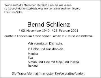 Traueranzeige von Bernd Schlienz von Stuttgarter Zeitung / Stuttgarter Nachrichten