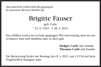 Traueranzeige von Brigitte Fauser von Stuttgarter Zeitung / Stuttgarter Nachrichten