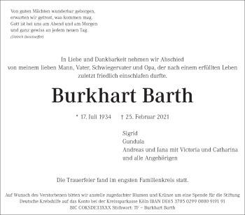 Traueranzeige von Burkhart Barth von Stuttgarter Zeitung / Stuttgarter Nachrichten
