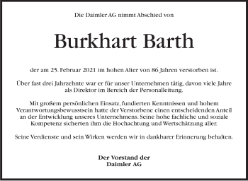 Traueranzeige von Burkhart Barth von Stuttgarter Zeitung / Stuttgarter Nachrichten