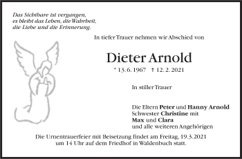 Traueranzeige von Dieter Arnold von Stuttgarter Zeitung / Stuttgarter Nachrichten