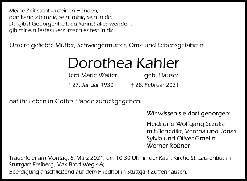  Traueranzeige für Dorothea Kahler vom 04.03.2021 aus Stuttgarter Zeitung / Stuttgarter Nachrichten