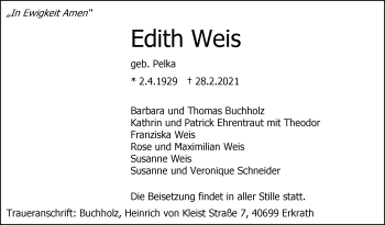 Traueranzeige von Edith Weis von Stuttgarter Zeitung / Stuttgarter Nachrichten