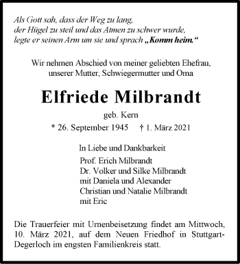 Traueranzeige von Elfriede Milbrandt von Stuttgarter Zeitung / Stuttgarter Nachrichten