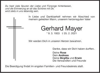 Traueranzeige von Gerhard Mayer von Stuttgarter Zeitung / Stuttgarter Nachrichten
