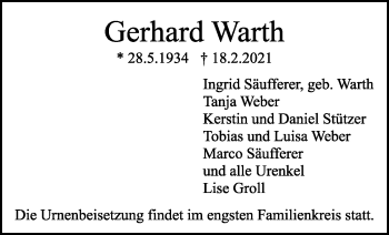 Traueranzeige von Gerhard Warth von Stuttgarter Zeitung / Stuttgarter Nachrichten