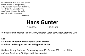 Traueranzeige von Hans Gunter von Stuttgarter Zeitung / Stuttgarter Nachrichten