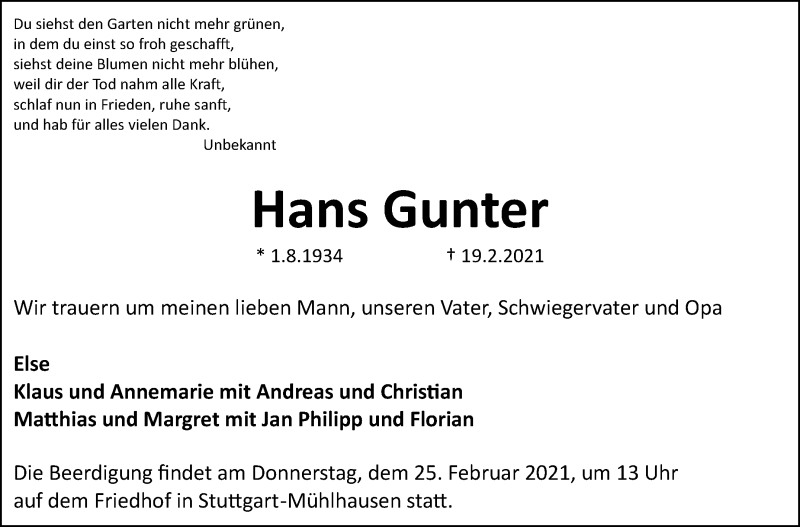  Traueranzeige für Hans Gunter vom 02.03.2021 aus Stuttgarter Zeitung / Stuttgarter Nachrichten