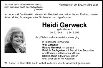 Traueranzeige von Heidi Gerweck von Stuttgarter Zeitung / Stuttgarter Nachrichten