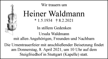Traueranzeige von Heiner Waldmann von Stuttgarter Zeitung / Stuttgarter Nachrichten