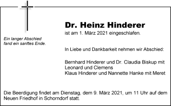 Traueranzeige von Heinz Hinderer von Stuttgarter Zeitung / Stuttgarter Nachrichten