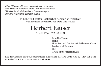 Traueranzeige von Herbert Fauser von Stuttgarter Zeitung / Stuttgarter Nachrichten