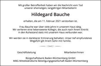 Traueranzeige von Hildegard Bauche von Stuttgarter Zeitung / Stuttgarter Nachrichten