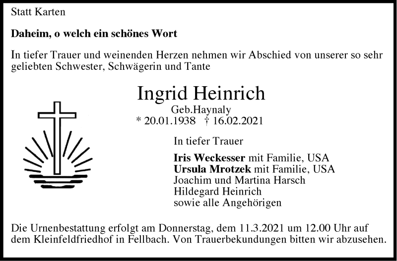  Traueranzeige für Ingrid Heinrich vom 06.03.2021 aus Stuttgarter Zeitung / Stuttgarter Nachrichten