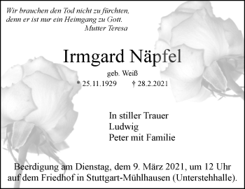 Traueranzeige von Irmgard Näpfel von Stuttgarter Zeitung / Stuttgarter Nachrichten