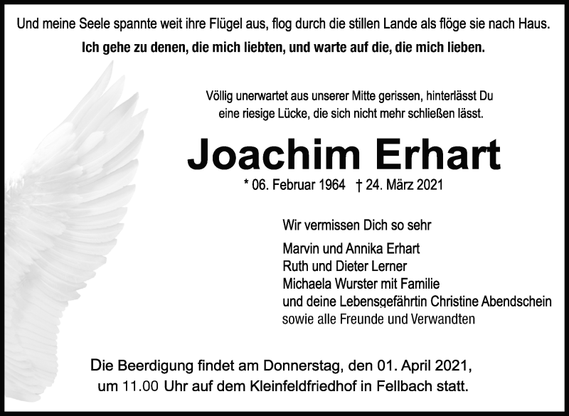  Traueranzeige für Joachim Erhart vom 30.03.2021 aus Stuttgarter Zeitung / Stuttgarter Nachrichten