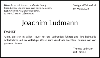 Traueranzeige von Joachim Ludmann von Stuttgarter Zeitung / Stuttgarter Nachrichten