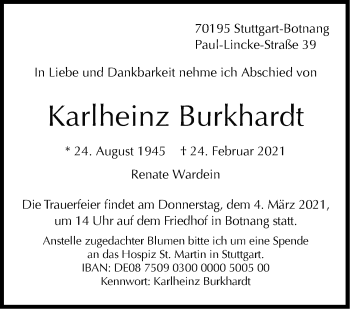 Traueranzeige von Karlheinz Burkhardt von Stuttgarter Zeitung / Stuttgarter Nachrichten