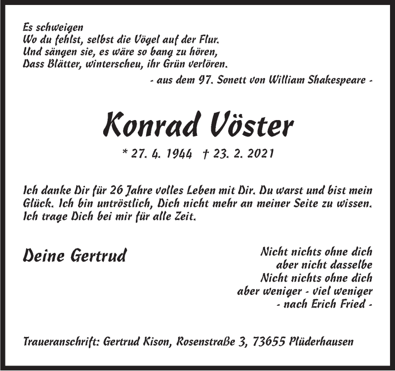  Traueranzeige für Konrad Vöster vom 06.03.2021 aus Stuttgarter Zeitung / Stuttgarter Nachrichten