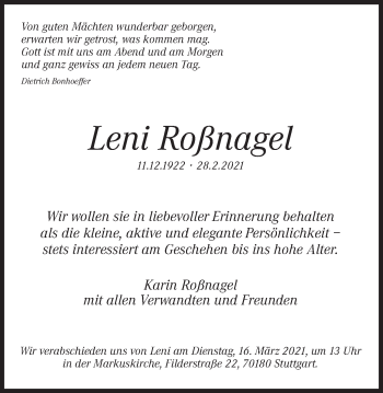 Traueranzeige von Leni Roßnagel von Stuttgarter Zeitung / Stuttgarter Nachrichten