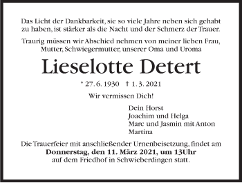 Traueranzeige von Lieselotte Detert von Stuttgarter Zeitung / Stuttgarter Nachrichten