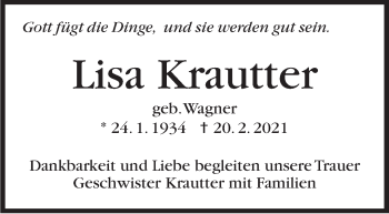 Traueranzeige von Lisa Krautter von Stuttgarter Zeitung / Stuttgarter Nachrichten