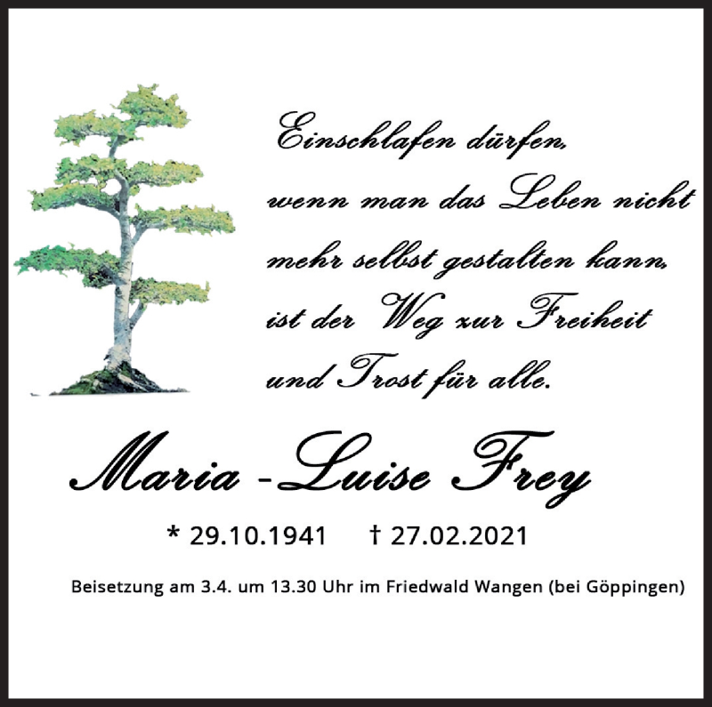  Traueranzeige für Maria-Luise Frey vom 20.03.2021 aus Stuttgarter Zeitung / Stuttgarter Nachrichten