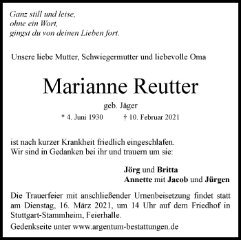Traueranzeige von Marianne Reutter von Stuttgarter Zeitung / Stuttgarter Nachrichten