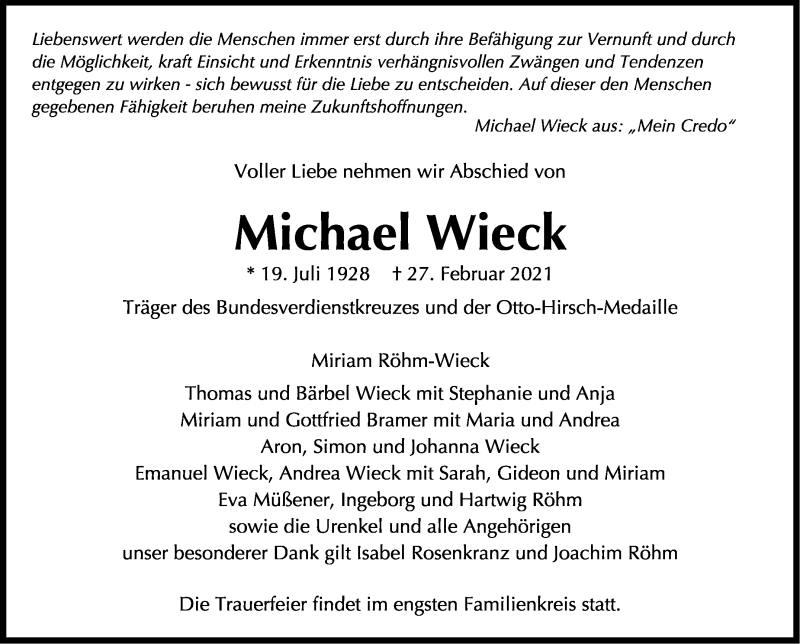  Traueranzeige für Michael Wieck vom 06.03.2021 aus Stuttgarter Zeitung / Stuttgarter Nachrichten