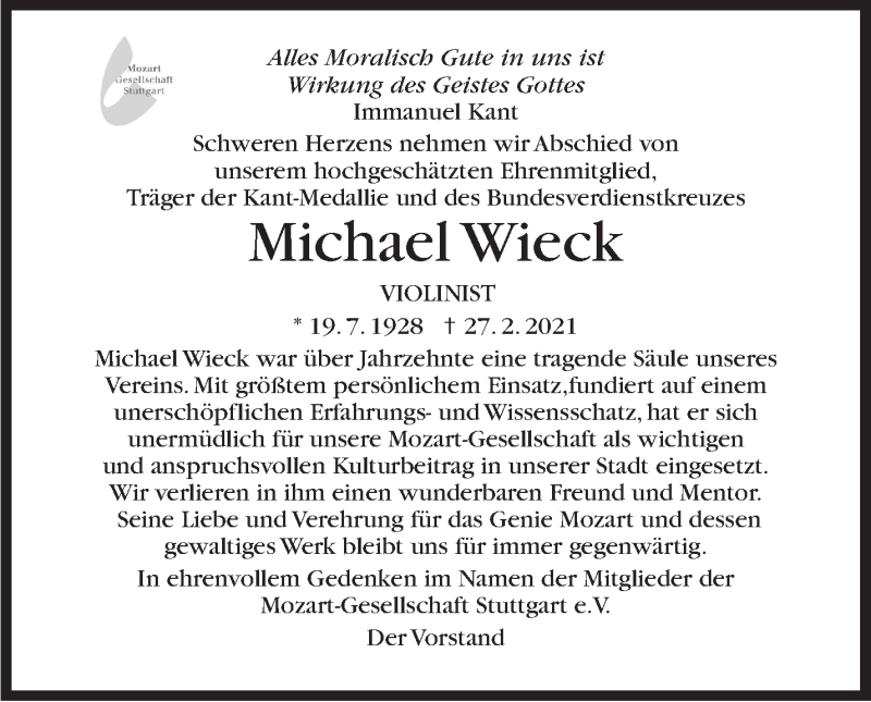  Traueranzeige für Michael Wieck vom 06.03.2021 aus Stuttgarter Zeitung / Stuttgarter Nachrichten