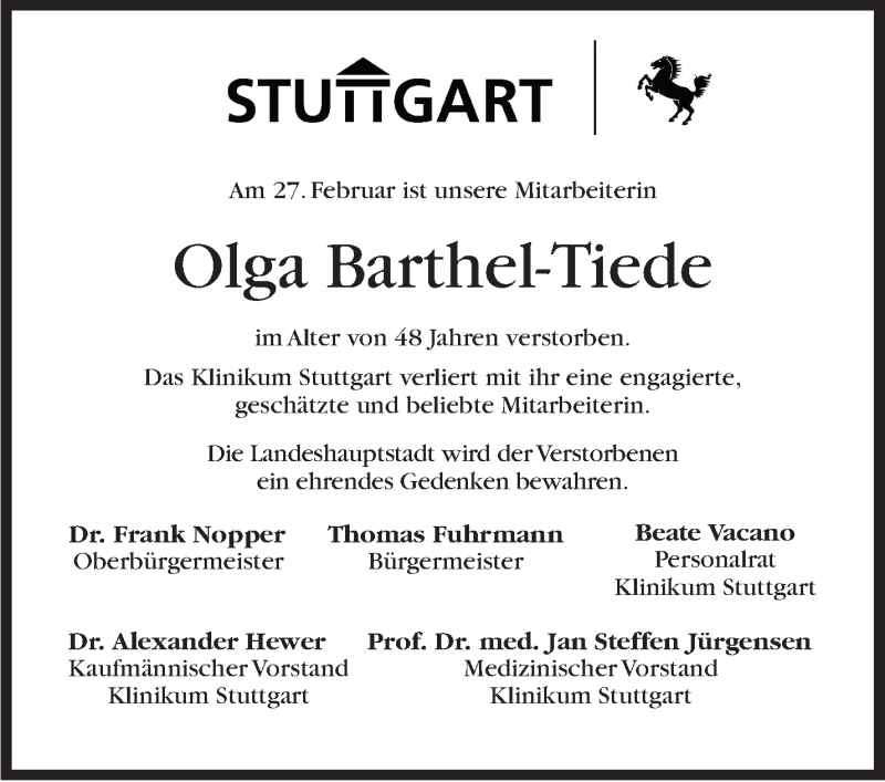  Traueranzeige für Olga Barthel-Tiede vom 09.03.2021 aus Stuttgarter Zeitung / Stuttgarter Nachrichten
