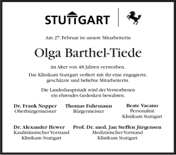 Traueranzeige von Olga Barthel-Tiede von Stuttgarter Zeitung / Stuttgarter Nachrichten