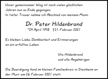 Traueranzeige von Peter Hildenbrand von Stuttgarter Zeitung / Stuttgarter Nachrichten