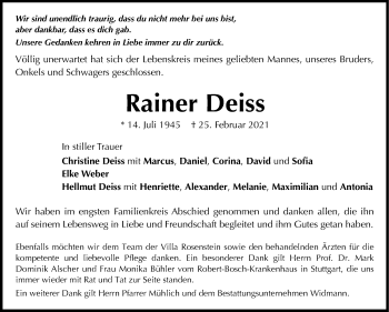 Traueranzeige von Rainer Deiss von Stuttgarter Zeitung / Stuttgarter Nachrichten