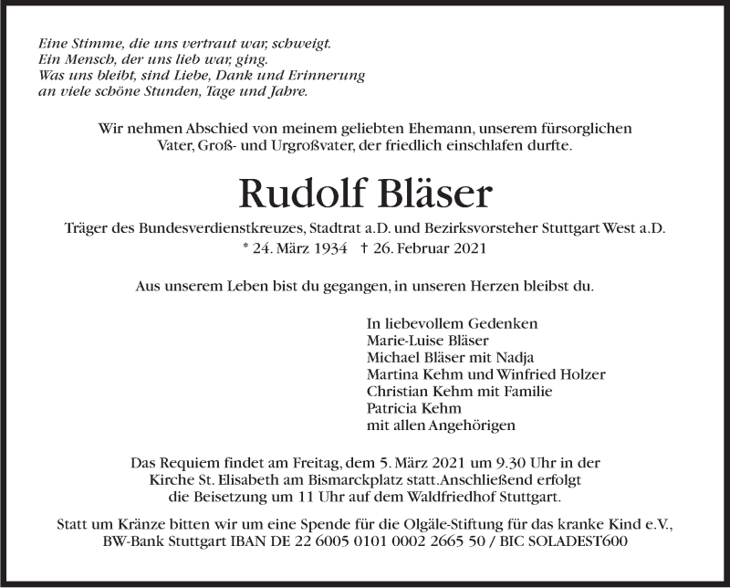  Traueranzeige für Rudolf Bläser vom 03.03.2021 aus Stuttgarter Zeitung / Stuttgarter Nachrichten