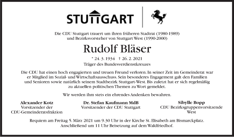  Traueranzeige für Rudolf Bläser vom 05.03.2021 aus Stuttgarter Zeitung / Stuttgarter Nachrichten