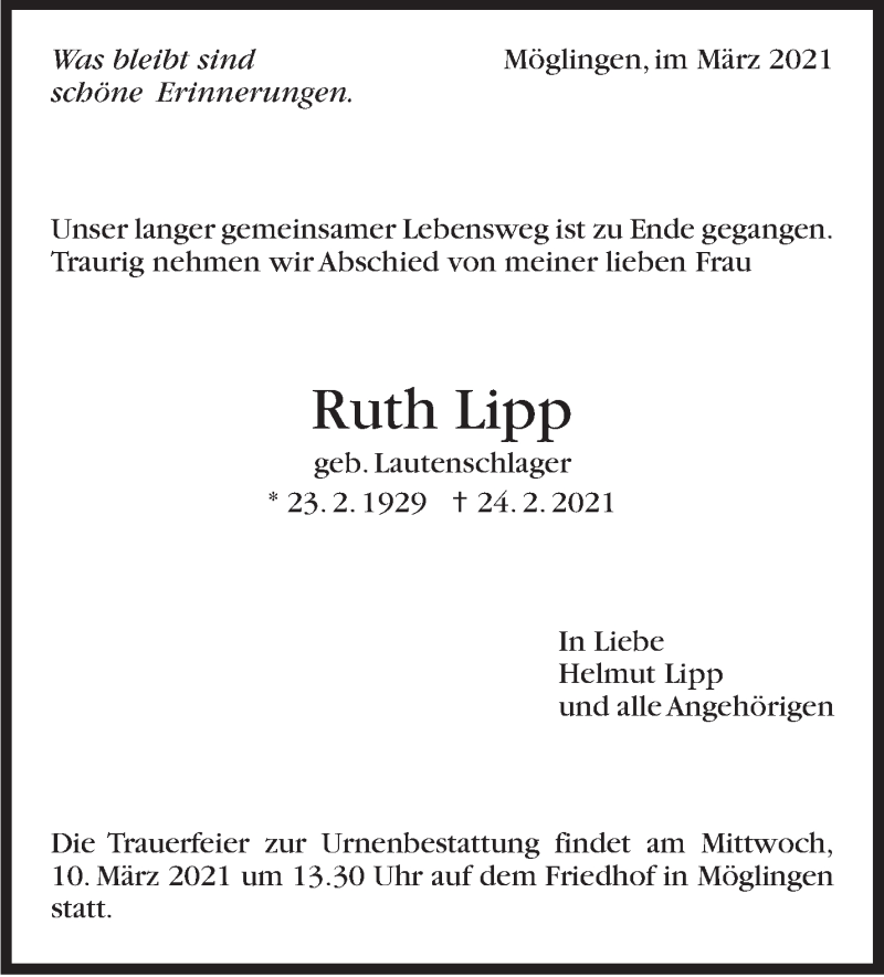  Traueranzeige für Ruth Lipp vom 04.03.2021 aus Stuttgarter Zeitung / Stuttgarter Nachrichten