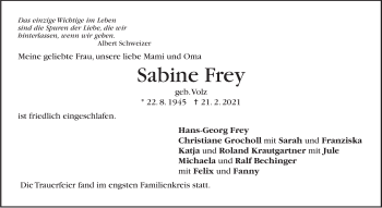 Traueranzeige von Sabine Frey von Stuttgarter Zeitung / Stuttgarter Nachrichten
