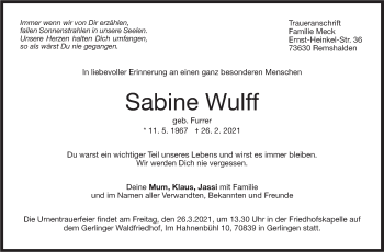 Traueranzeige von Sabine Wulff von Stuttgarter Zeitung / Stuttgarter Nachrichten