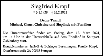 Traueranzeige von Siegfried Krapf von Stuttgarter Zeitung / Stuttgarter Nachrichten