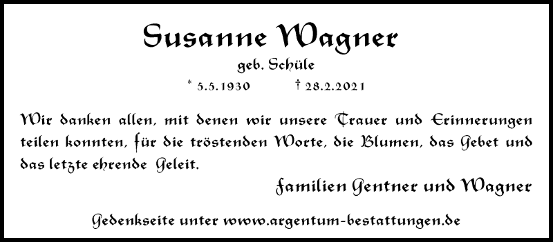  Traueranzeige für Susanne Wagner vom 18.03.2021 aus Stuttgarter Zeitung / Stuttgarter Nachrichten