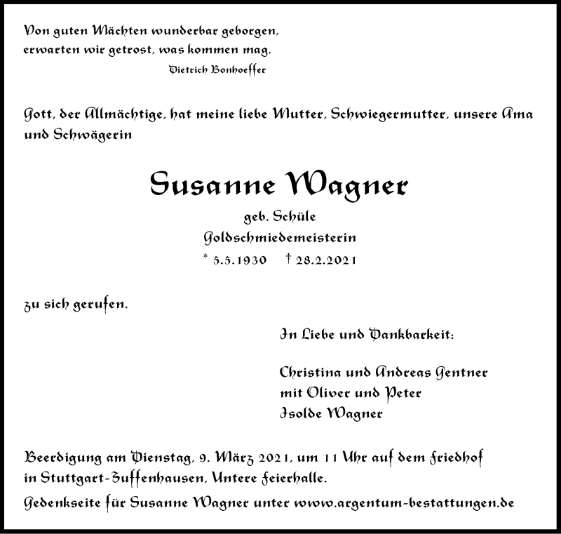  Traueranzeige für Susanne Wagner vom 05.03.2021 aus Stuttgarter Zeitung / Stuttgarter Nachrichten