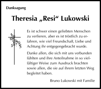 Traueranzeige von Theresia Lukowski von Stuttgarter Zeitung / Stuttgarter Nachrichten