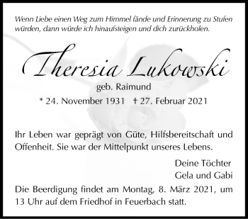 Traueranzeige von Theresia Lukowski von Stuttgarter Zeitung / Stuttgarter Nachrichten