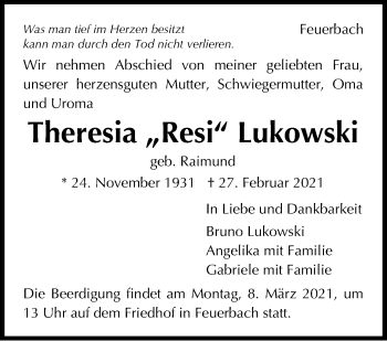 Traueranzeige von Theresia Lukowski von Stuttgarter Zeitung / Stuttgarter Nachrichten