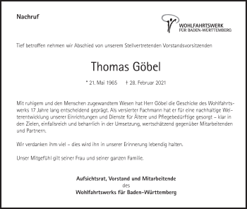 Traueranzeige von Thomas Göbel von Stuttgarter Zeitung / Stuttgarter Nachrichten