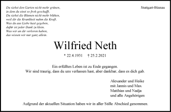 Traueranzeige von Wilfried Neth von Stuttgarter Zeitung / Stuttgarter Nachrichten