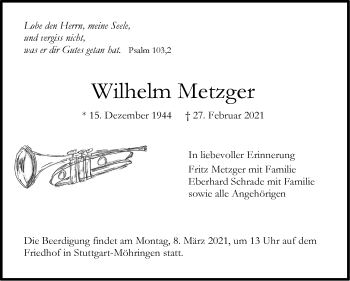 Traueranzeige von Wilhelm Metzger von Stuttgarter Zeitung / Stuttgarter Nachrichten