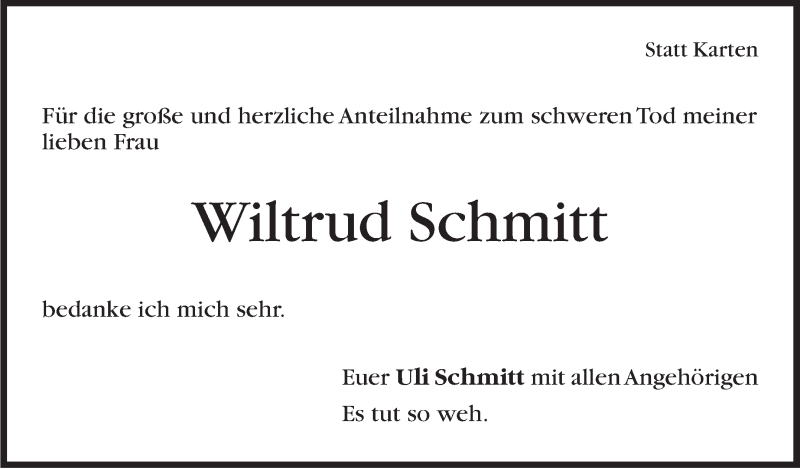  Traueranzeige für Wiltrud Schmitt vom 11.03.2021 aus Stuttgarter Zeitung / Stuttgarter Nachrichten